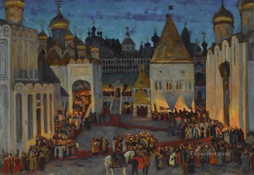 風景 Painting - 皇帝ミハイルの戴冠式前夜のクレムリン ロシアの街並みシティビュー